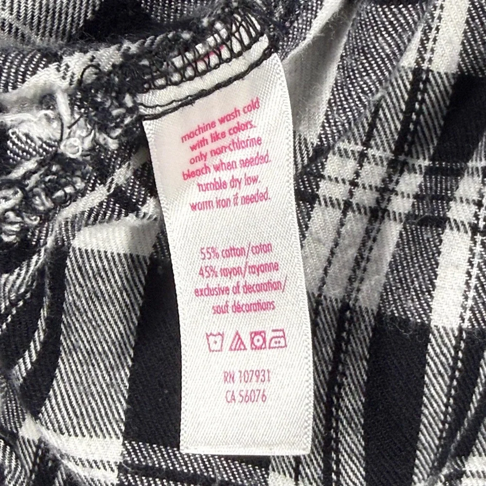 Justice Button Down Girls 14 Black White Plaid Pink Embroidered Flannel Shirt